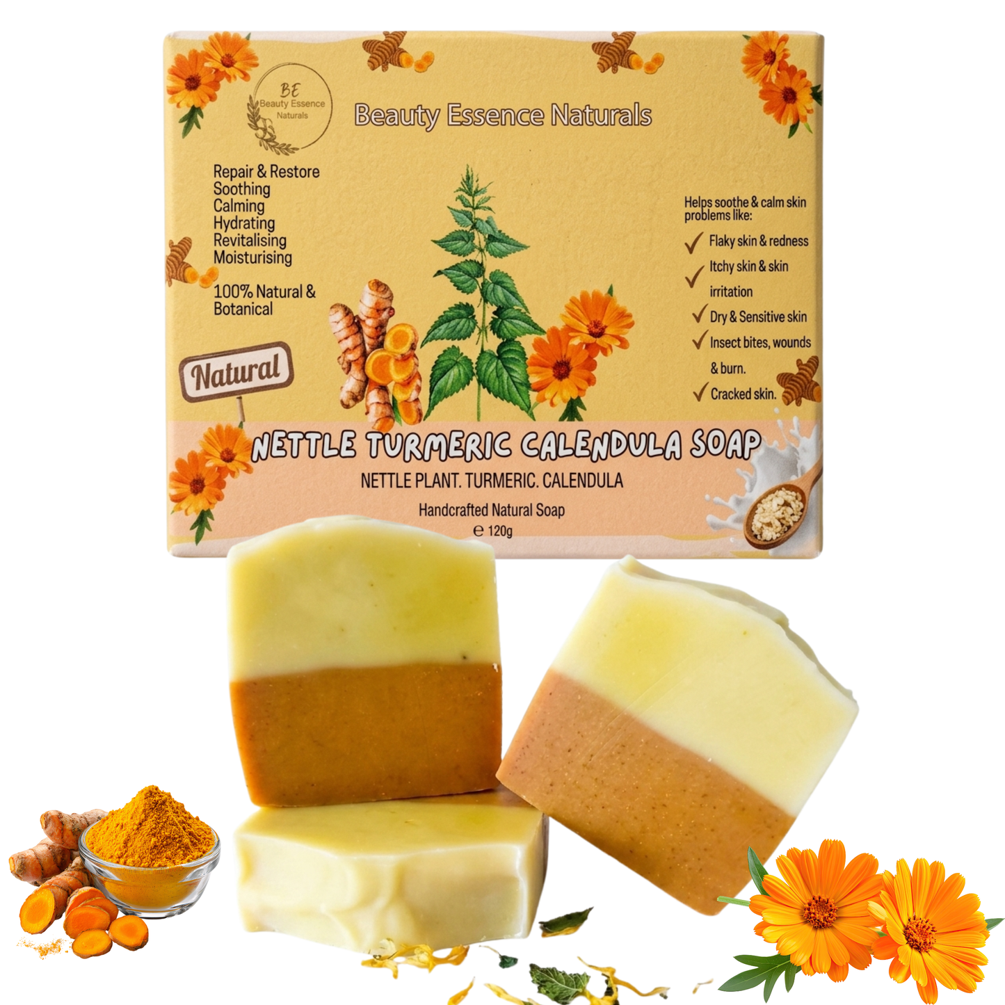 NETTLE TURMERIC CALENDULA SOAP 120g | Handcrafted Natural & Botanical | Artisanal Soap