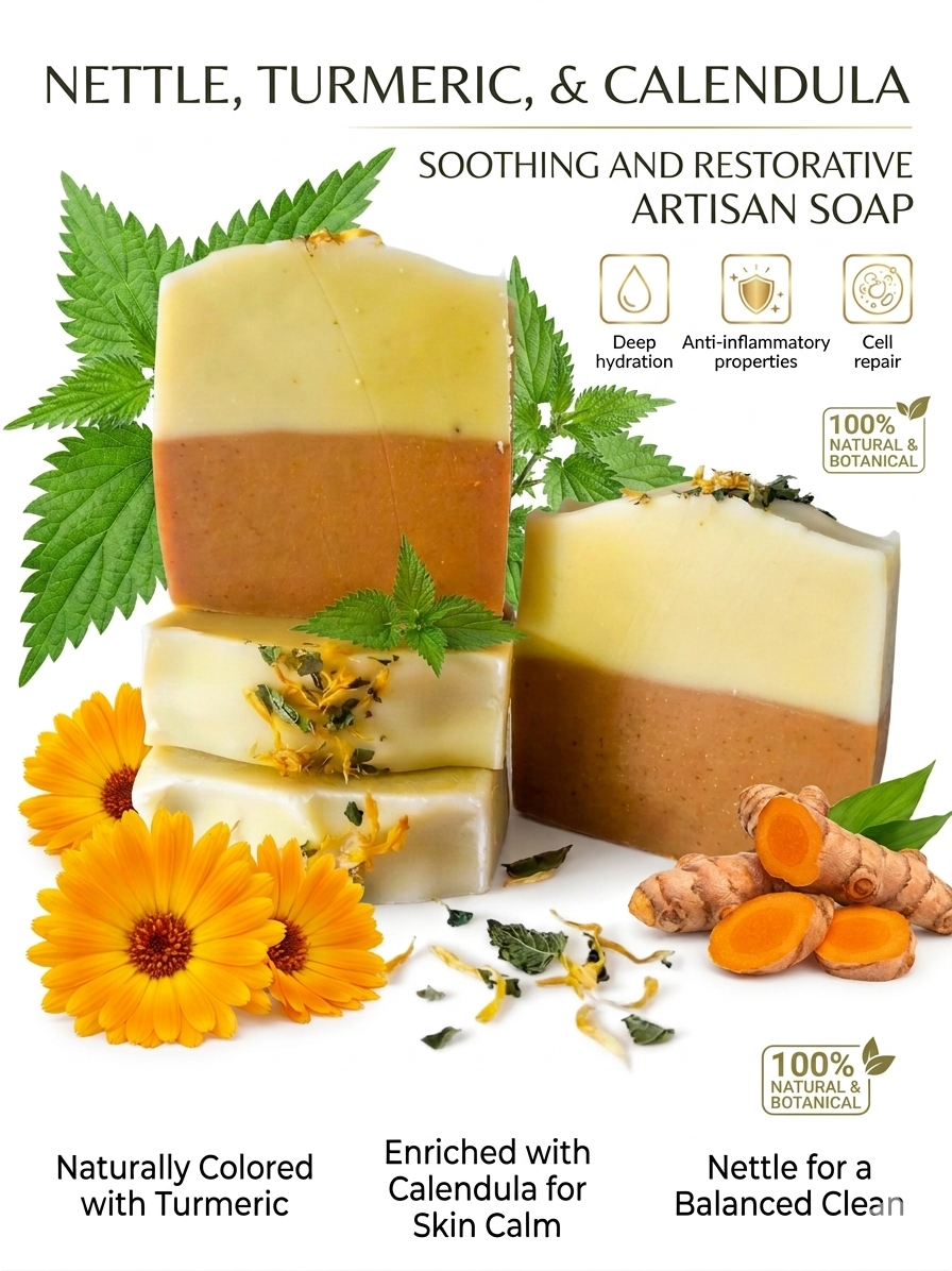 NETTLE TURMERIC CALENDULA SOAP 120g | Handcrafted Natural & Botanical | Artisanal Soap