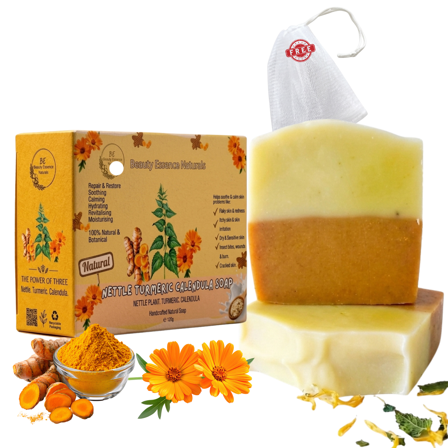NETTLE TURMERIC CALENDULA SOAP 120g | Handcrafted Natural & Botanical | Artisanal Soap